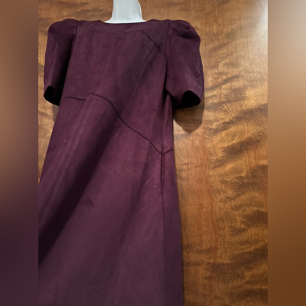 Anne Klein Short Puff Sleeve Faux Suede Fall Midi Dress Womens 12 Plum Purple - Picture 12 of 16